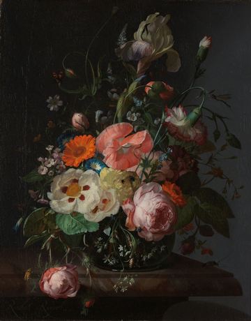 Stilleven met bloemen op een marmeren tafelblad, Rachel Ruysch 1716
