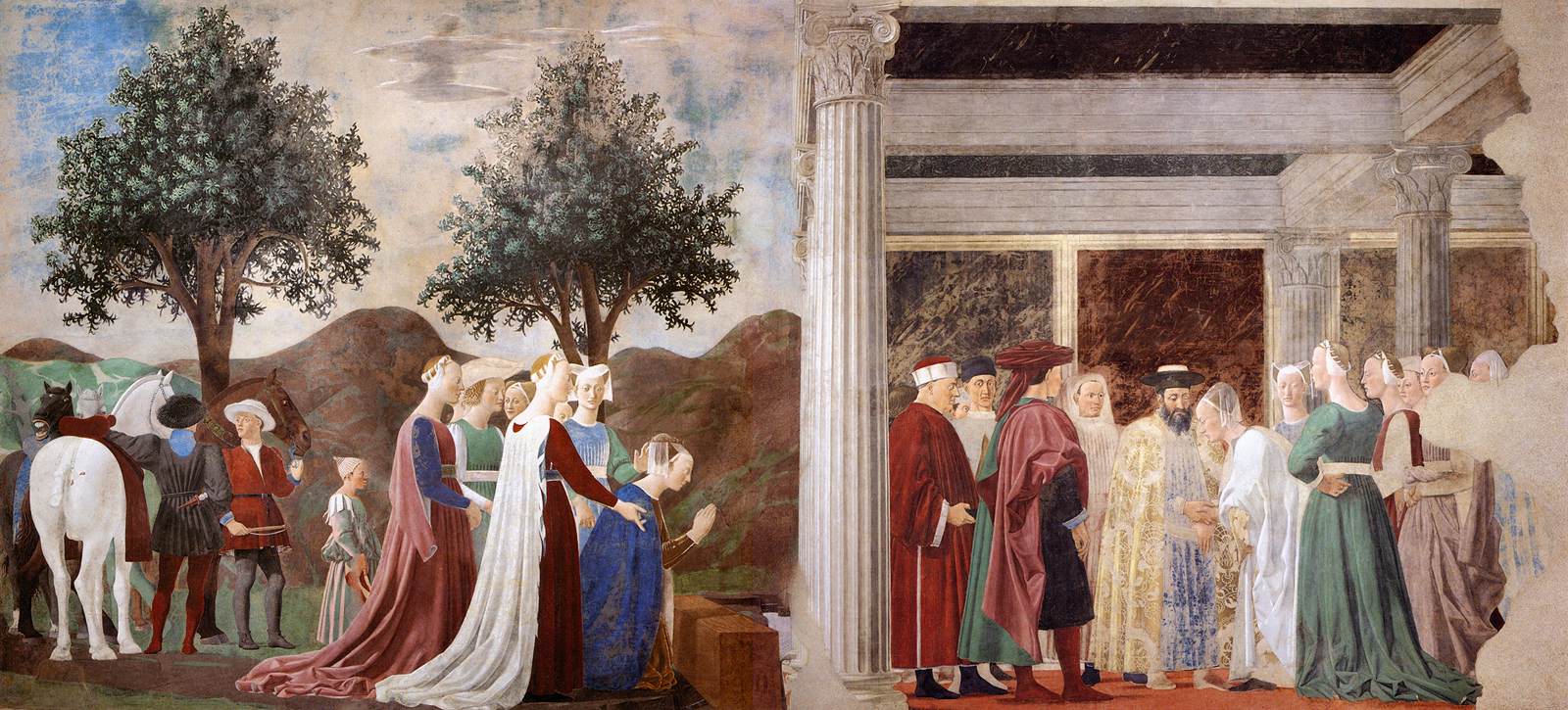 Piero della Francesca, Storie della vera Croce (1452-1466), Processie van de koningin van Sheba (links) en De koningin van Sheba ontmoet Koning Salomon (rechts)